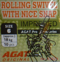 Вертлюжок с застежкой усиленный Agat Rolling swivel with Nice Snap 03023, Size 3; 10 шт в уп. 30 кг