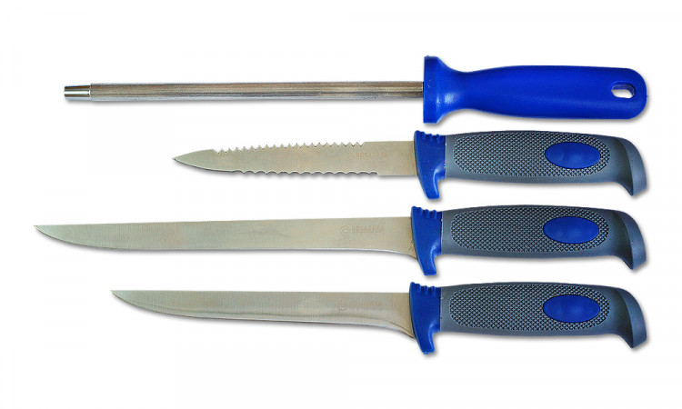 Набор ножей походный Kosadaka (3 ножа, доска, точилка)